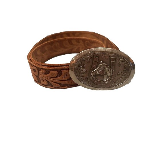 VTG Western Ranchman Outfitters Cheyenne Wyoming Leather Tooled Belt Horse - Picture 1 of 7